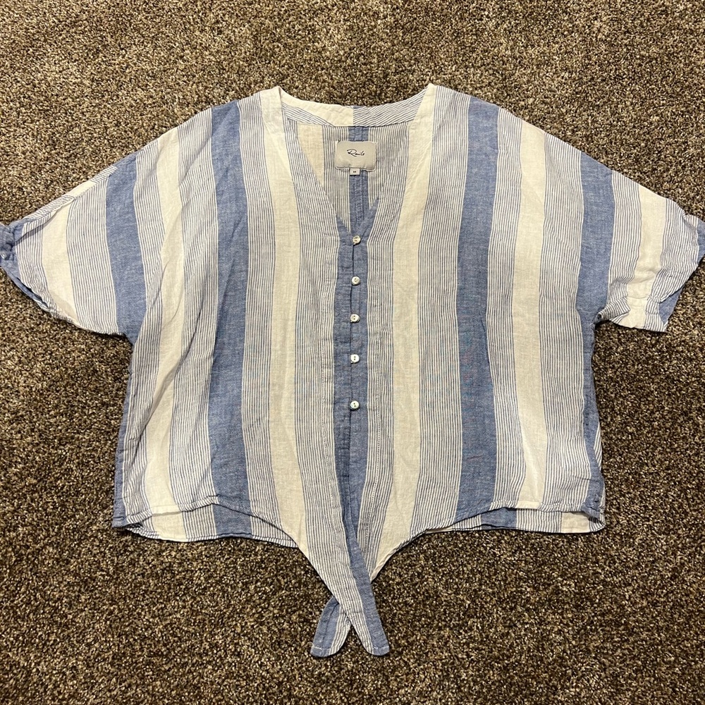 Rails Blue and White Short Sleeve Tie Front Blouse
